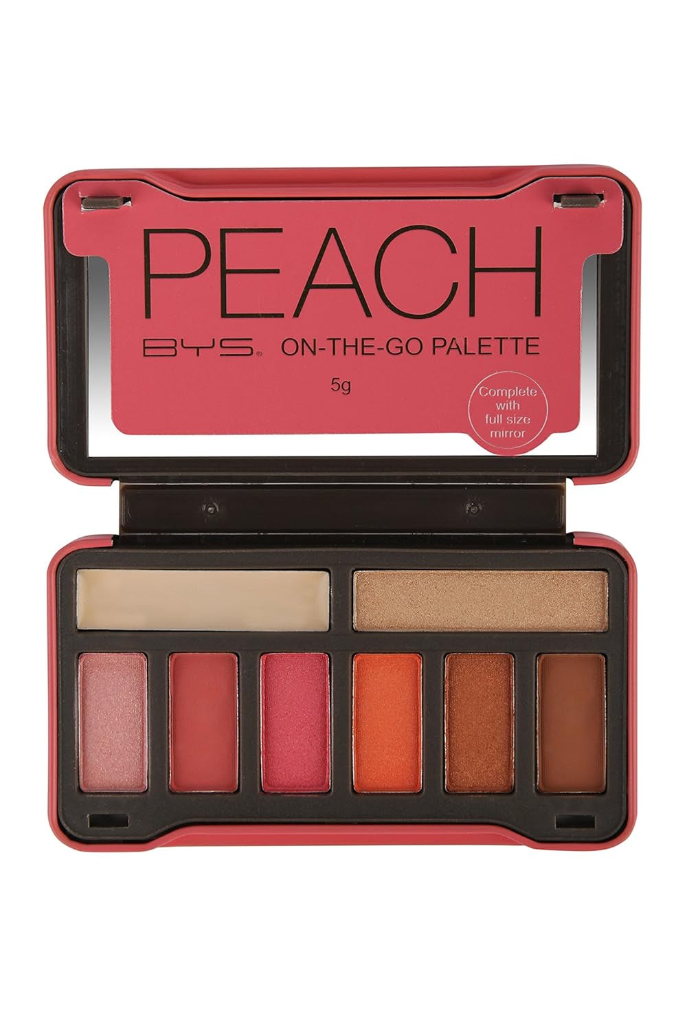 On-The-Go Peach Eyeshadow Palette with Primer Highlighter and Mirror, 6 Eyeshadows, 1 Highlight, 1 Prime