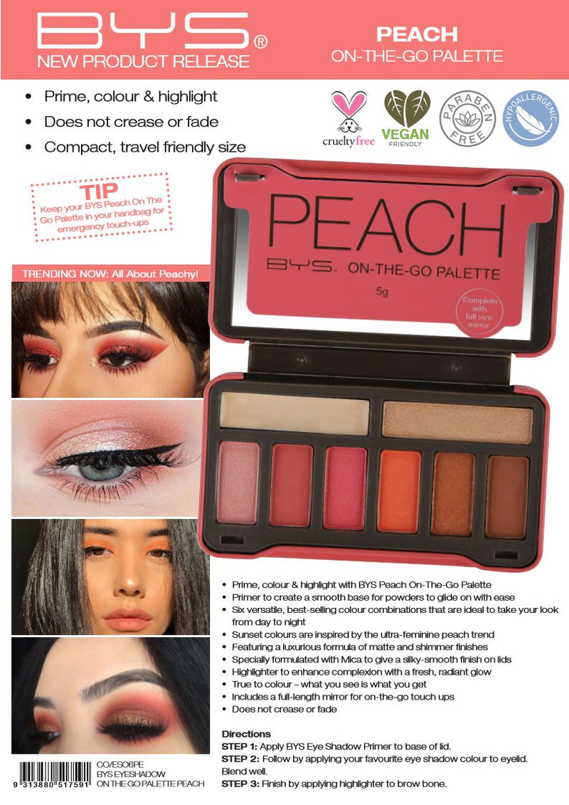 On-The-Go Peach Eyeshadow Palette with Primer Highlighter and Mirror, 6 Eyeshadows, 1 Highlight, 1 Prime