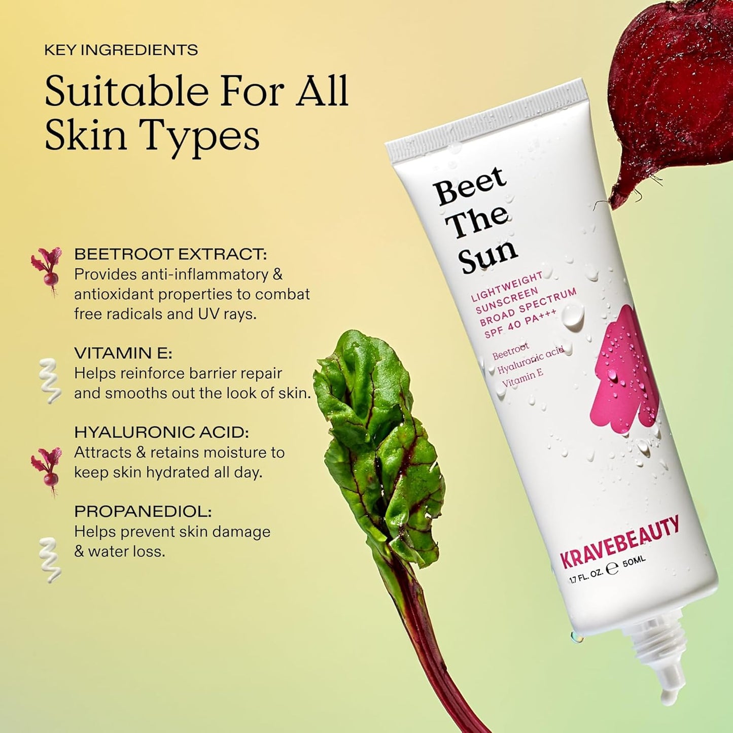 Beet the Sun SPF 40 PA+++ Broad Spectrum Sunscreen, Daily Non-Greasy Chemical SPF, No White Cast or Pilling, for All Skin Types, Vegan & Cruelty Free, 1.7 Fl Oz