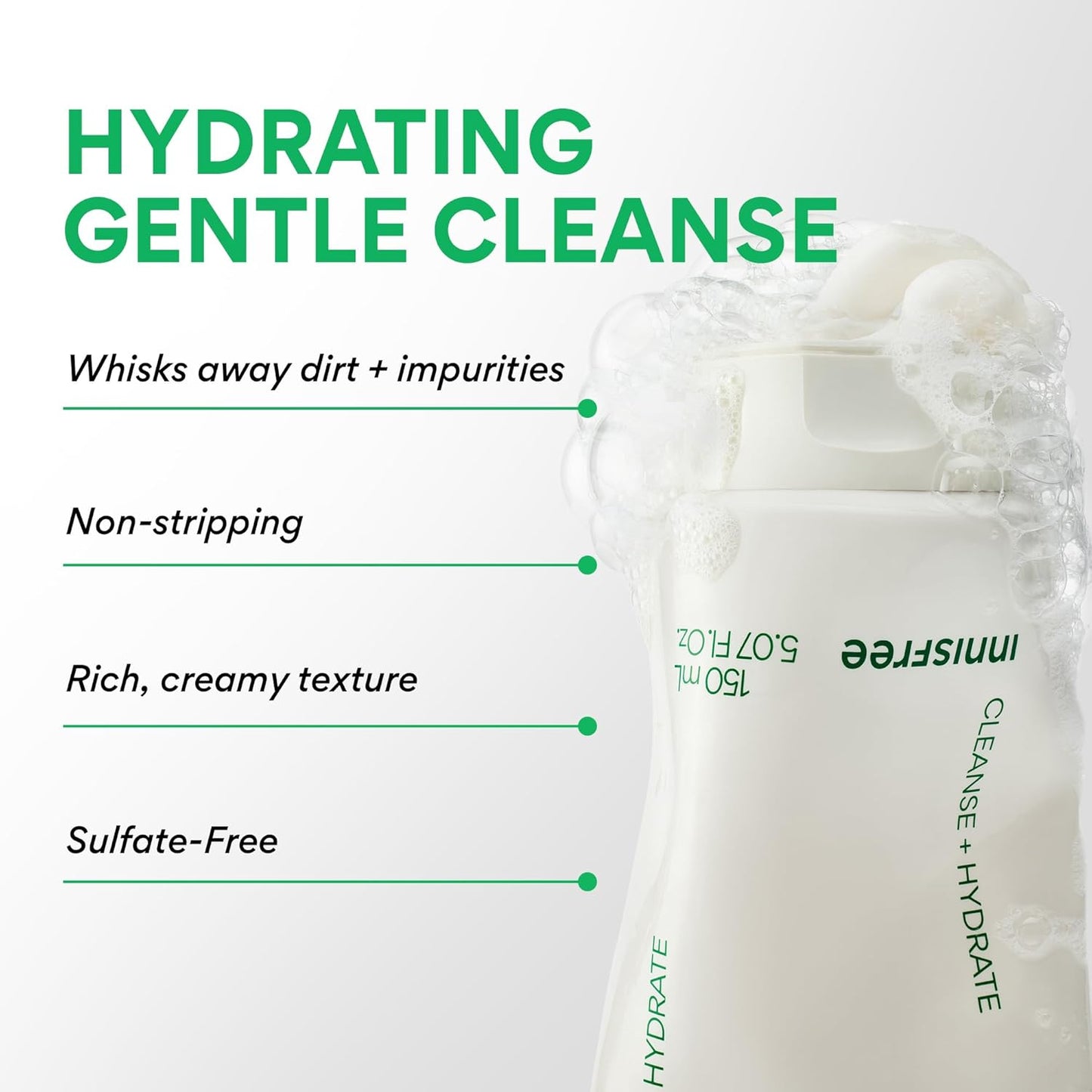 Green Tea Amino Acid Cleansing Foam, Sulfate Free, Hydrating Korean Face Wash with Gentle Foam